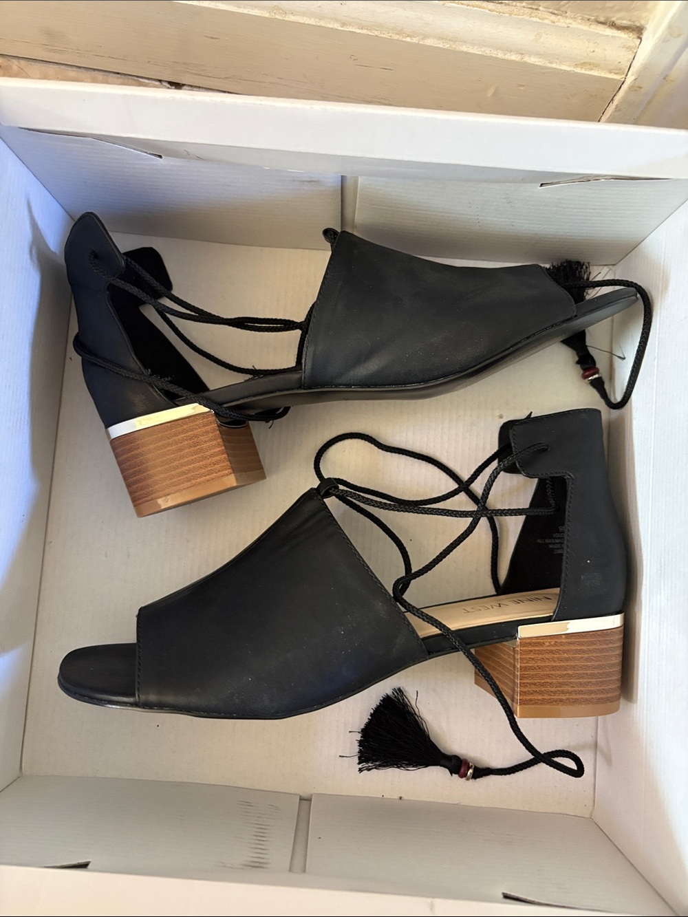 Nine West Black Lace-Up Open Toe Block Heel Sandals